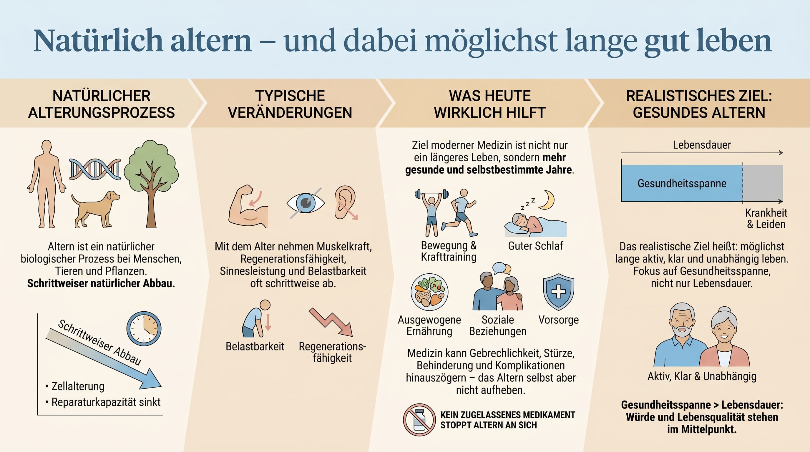 Infografik: Natürlich altern – und dabei möglichst lange gut leben. Vier Felder: natürlicher Alterungsprozess, typische Veränderungen, was heute wirklich hilft (Bewegung, Schlaf, Ernährung, soziale Beziehungen, Vorsorge), und das realistische Ziel gesundes Altern mit möglichst großer Gesundheitsspanne.